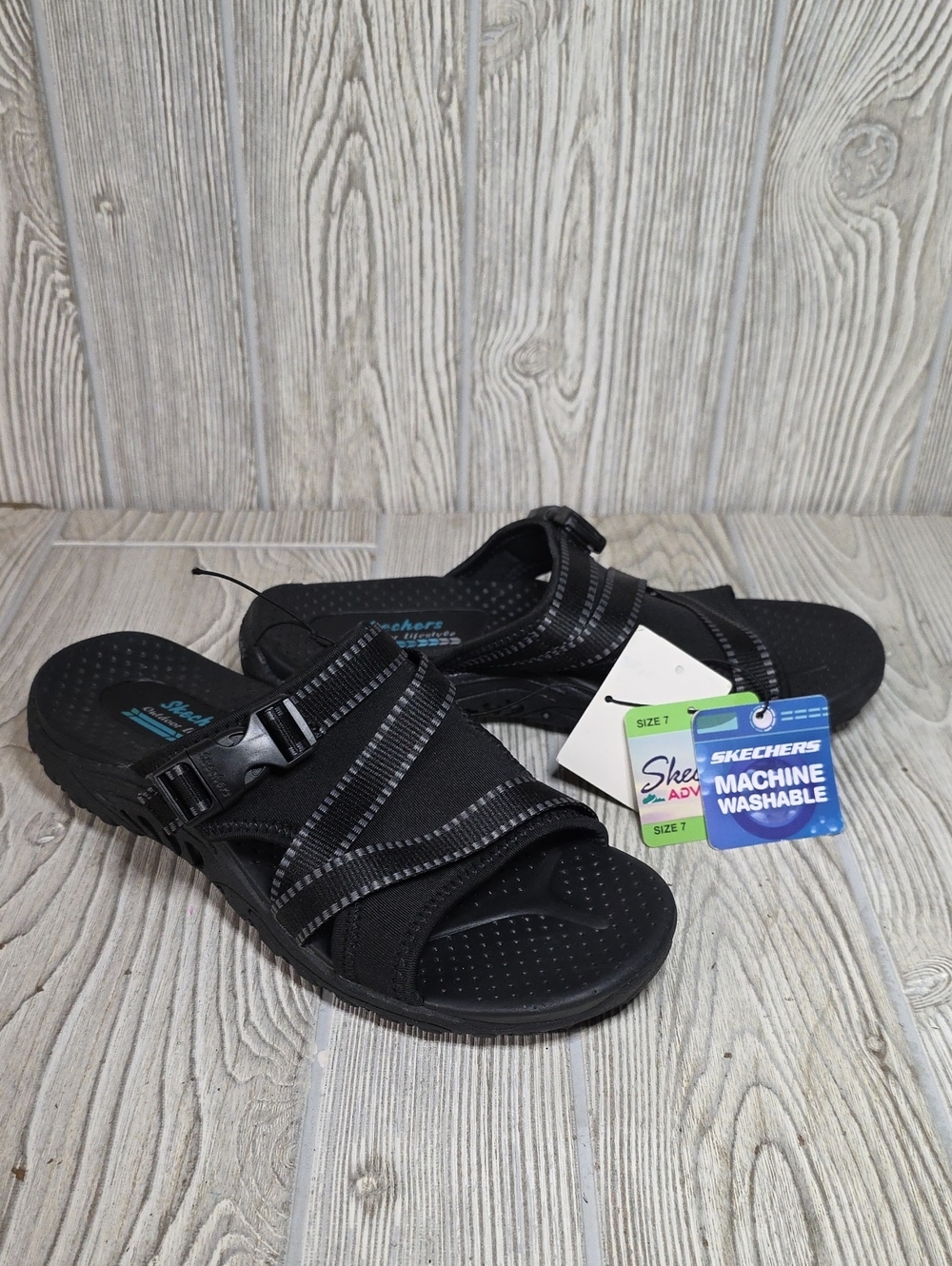 Skechers Reggae Perfect Planning Black Sandals Womens Size 7 NWT
